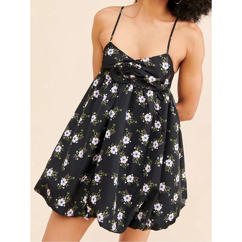 Free People In A Bubble Mini Dress Size XS Black Floral Bubble Hem Empire Waist